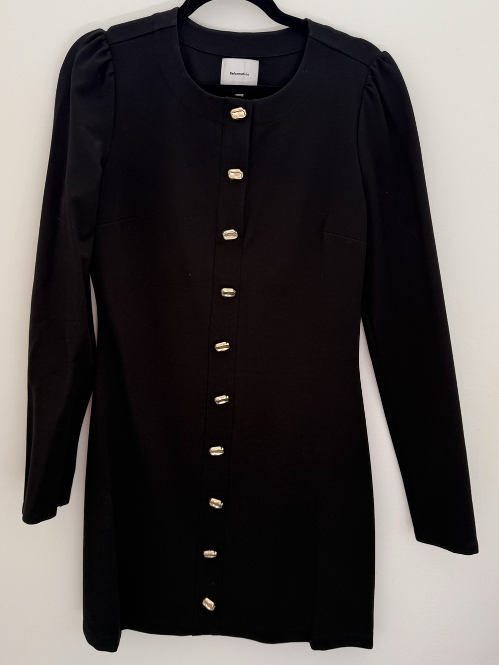 Reformation Micah Dress Black Long Sleeve Mini Dress Gold Buttons L
